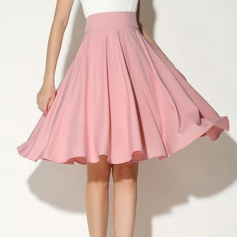  Summer Women Skirts Women Solid Knee-Length Big Swing Umbrella Skirt High Waist Vintage Ladies Midi Saia Skater Skirts