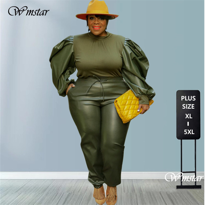 PU Women's Clothing Plus Size Sets Two Piece Outfits Puff Sleeve Patchwork Crop and Pants Streetwear  WholeDropshipping
