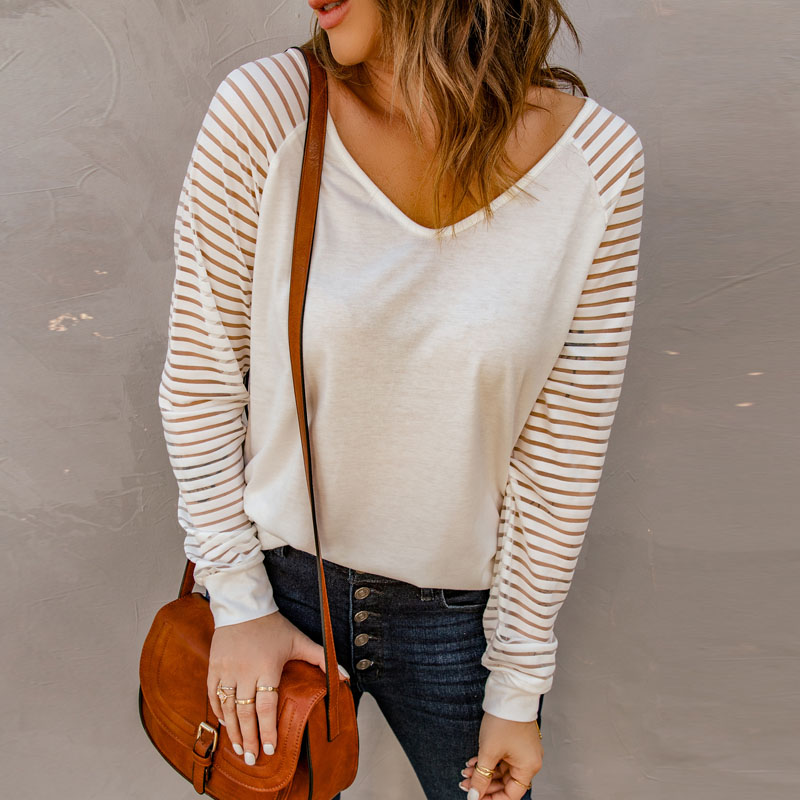 Ladies Slim White Black V-Neck Top Tulle Stripe Fall Pullover Free Mail Promotion