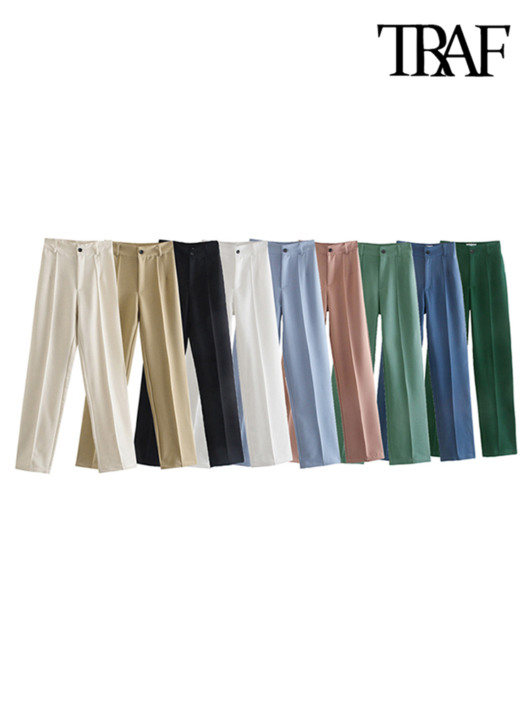 TRAF Women Chic  Office Wear Straight Pants Vintage High Waist Zipper Fly Female Trousers Mujer