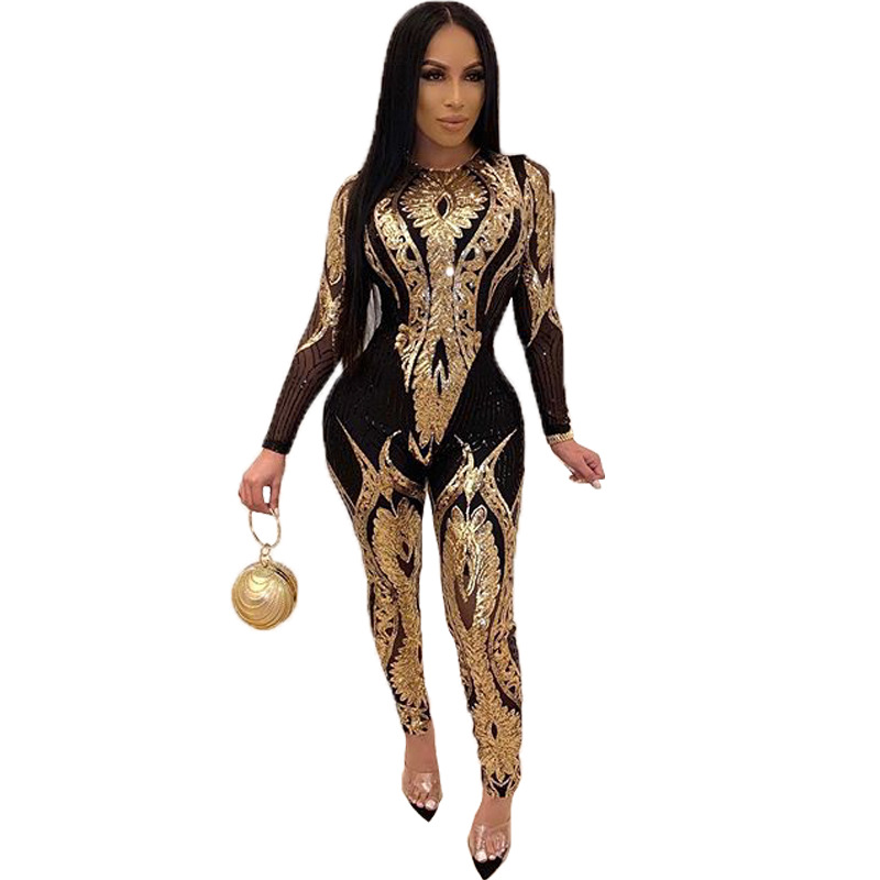 Lemon Gina  Women Long Sleeve  Stripe Bodycon Sequin Jumpsuit Female Sexy Slim arrival Casual Playsuits Clubwear Outfits