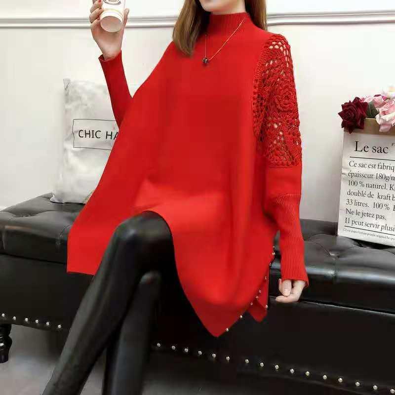  autumn and winter loose large size thin mock neck knitting stage shirt women's solid color sweater hollow cloak jacket