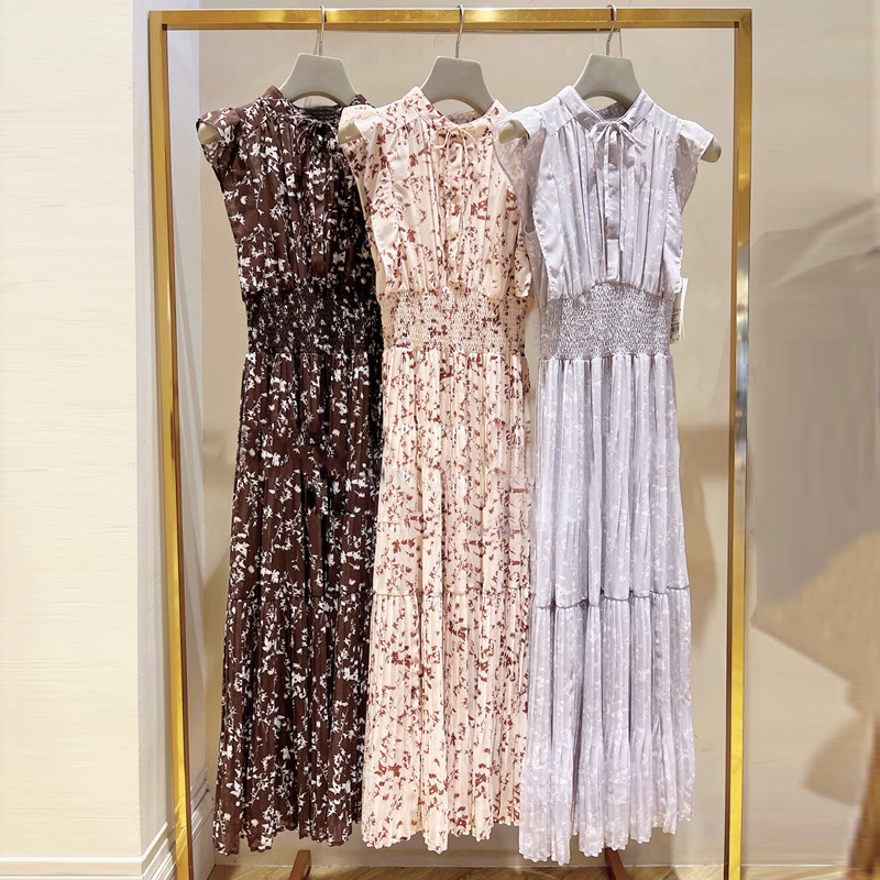 Kuzuwata Bow Drawstring Neck Small Flying Sleeves Print Slim Waist Pleated Robes Japanese Vestidos Sweet Gentle Fairy Dress