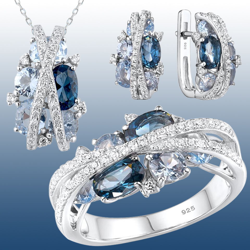  Designer Sapphire Crystal Jewelry Set for Women Cross Infinite Ring Earrings Necklace Wedding Set Valentine's Day Gift