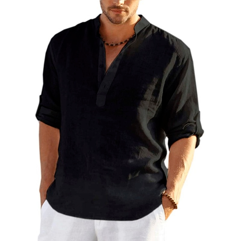 Men's Linen Long Sleeve Shirt Solid Color Casual  Long Sleeve Cotton Linen Shirt Tops Size S-5XL