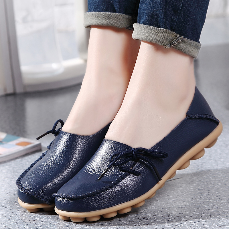 Moccasins Women Flats  Autumn Woman Loafers Genuine Leather Female Shoes Slip On Ballet Bowtie Women's Shoes Big Size
