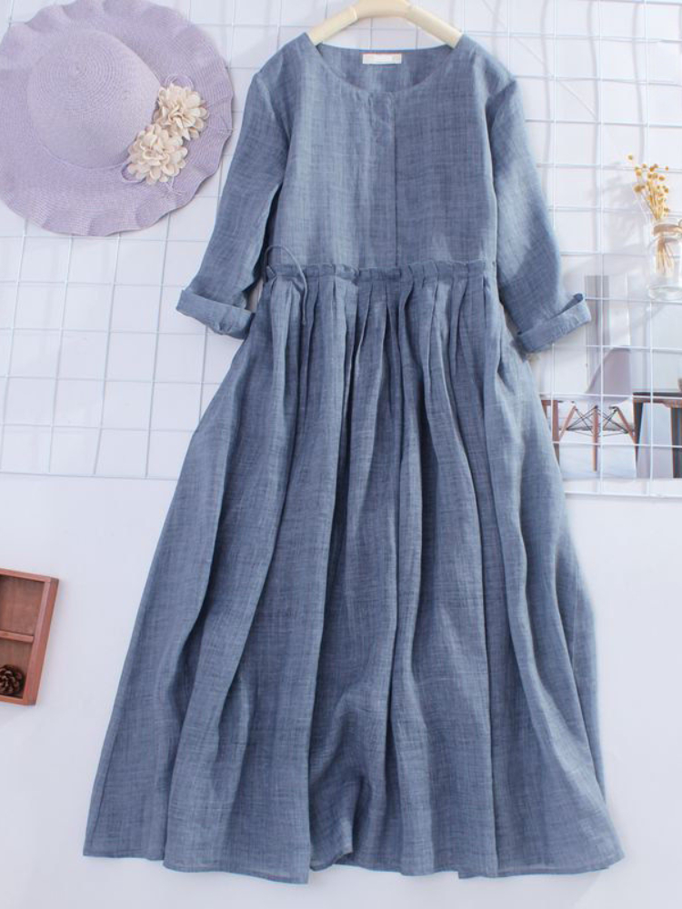 Summer Women's Dress Women's Clothing Literary Fan Cotton and Linen Waist Slim and Comfortable Round Neck Dress