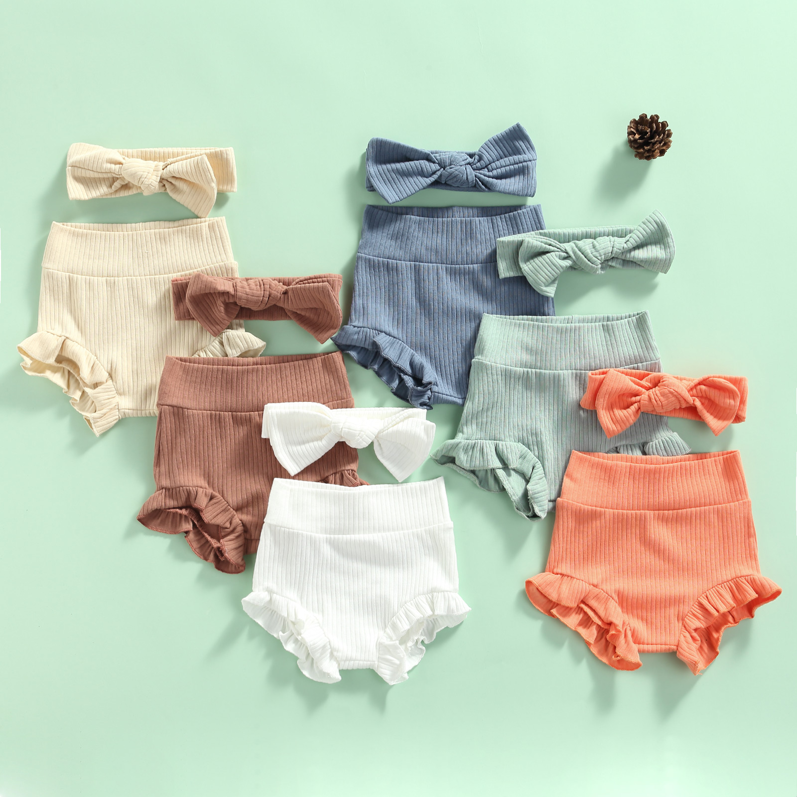 Summer Kids  Shorts Knitted Solid Color Baby Girls Shorts Cotton Ruffles Short Pants  Newborn Bloomers Headband
