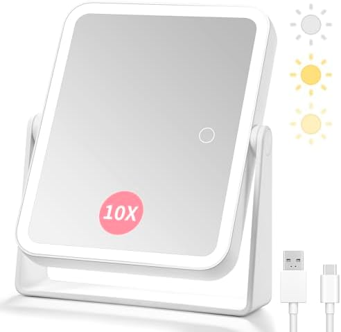 Rechargeable Travel Makeup Vanity Mirror with Lights and Magnification, Portable 10X/1X Magnifying Mirror with 3 Color Light, Lighted Makeup Mirror with Magnification, Desk LED Mirror, 360° Rotation