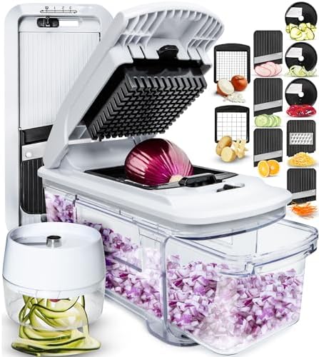 Fullstar All-in-1 Vegetable Chopper, Mandoline Slicer & Cheese Grater - French Fry Cutter & Veggie Dicer - Cheese Slicer - Includes Bonus Handheld Spiralizer (6 in 1, Black/White)