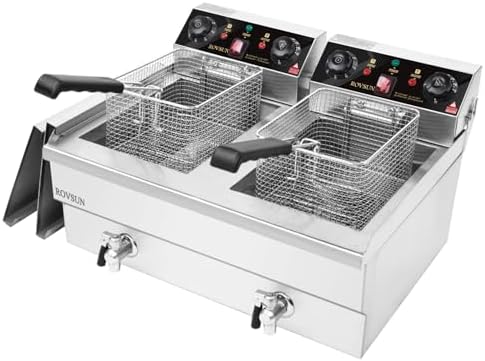 ROVSUN 24.9QT Electric Deep Fryer w/Frying Baskets Timer Drains & Lids, 3400W Dual Tank Kitchen Countertop Commercial Deep Fryer Frying Machine, Adjustable Temperature for Home Restaurant