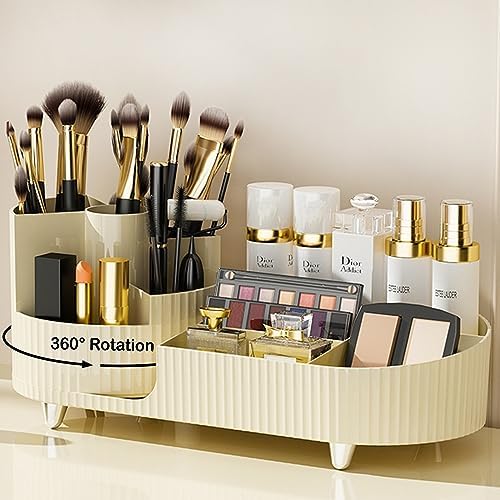 Rotating Makeup Organizer for Vanity with Brush Holder, Cosmetic Makeup Storage Organizer, Large Spinning Makeup Skincare Organizer, Countertop Makeup Perfume Organizer, Lotions Display Case (Ivory)
