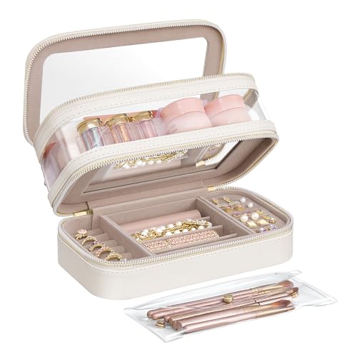SONGMICS Makeup Bag with Mirror, with Jewelry Storage, Travel Makeup Bag, with Separate Brush Storage Pouch, Transparent Window, 8.7 x 4.7 x 4.7 Inches, Christmas Gift, Cloud White UJKA026W01