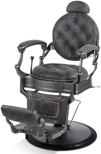 Artist hand Retro Barber Chair Heavy Duty Barber Chairs Vintage Salon Chair Hydraulic Recline Beauty Spa Styling Equipment Rounded Cushioning with Puckered Button (Grey)