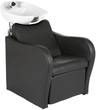 Buy-Rite Lexus Backwash Unit - Salon Shampoo Chair & Tilting Porcelain Shampoo Bowl, European Style Single Handle Faucet, Extra Wide Seat and Kick-Out Leg Rest, TS-8018B (Black Chair with White Bowl)