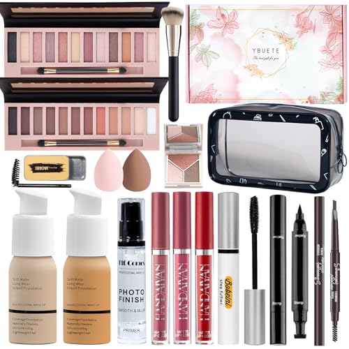 Makeup Set Kit for Women Full Kit, Makeup Present for Women Teen Girl, Eyeshadow Foundation Face Primer Brush 3 in 1 Palette Lip Gloss, Eyebrow Soap Mascara Eyeliner cosmetic bag