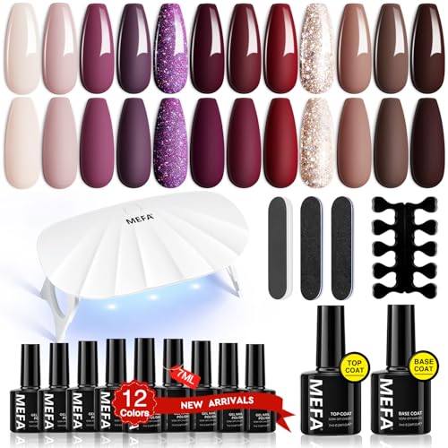 MEFA 19 Pcs Gel Nail Polish Kit with U V Light, 12 Colors Fall Gel Nail Polish Set with Base Top Coat Burgundy Red Champagne Gold Soak Off Purple Manicure Tools Beginners Salon Art DIY Gifts for Women