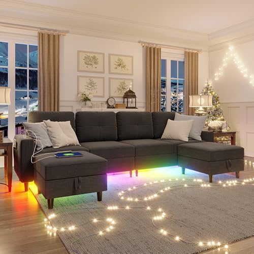 HNEBC Sectional Sofa with Charging Station, Sectional Couches with LED Lights for Living Room, U/L Shaped Couch with Storage Ottoman, 6 Seats Convertible Sofa with Music Sync (Dark Grey)