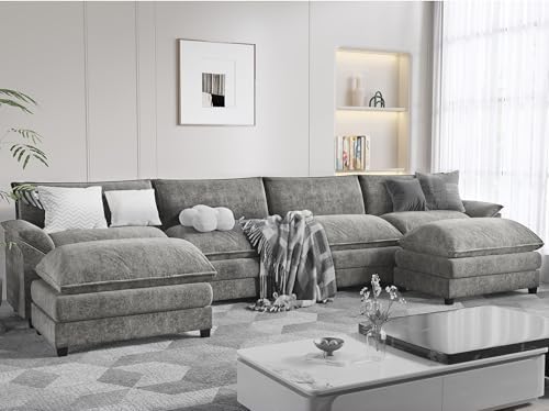 Furmax Modern Convertible Sofa U Shaped Couch, Fabric 6 Seat Sofa Set with Ottoman, Modular Sectional Sofa Couch, Sectional Couches for Living Room, Apartment (Grey)