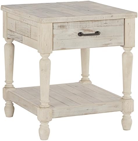Signature Design by Ashley Shawnalore Farmhouse Solid Pine Wood End Table, Weatherworn White Finish