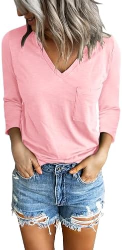 PGANDS Women's 3/4 Sleeve T Shirts V Neck Casual Summer Basic Tops Side Split Pocket Tees