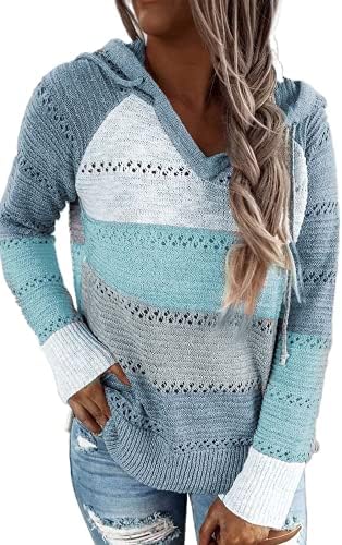 Women's Color Block Knit Hoodies Sweaters V Neck Drawstring Lightweight Pullover Sweatshirts & Zip up