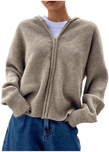 SOLY HUX Women's Zip Up Hooded Cardigan Sweater Knitted Drop Shoulder Fall Hoodies Outerwear