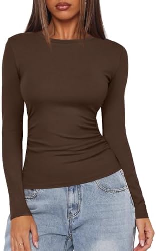 Darong Women's Long Sleeve Crew Neck Shirts Fall Basic Casual Ruched Side Slim Fit T Shirts Tee Tops