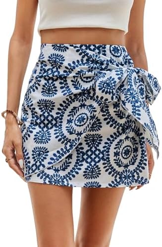 Milumia Women's Allover Print Wrap Short Skirt High Waisted Knot Side Boho Mini Skirts