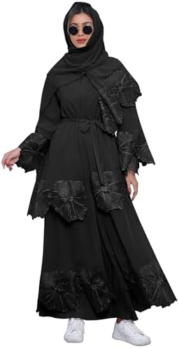 AWIBMK Women Chiffon Open Front Kimono Abaya Dubai Kaftan Prayer Dress and Hijab Muslim Robe Ramadan Clothes