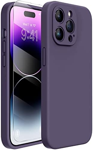 Miracase Designed for iPhone 14 Pro Case, with Tempered Glass Screen Protector, [Upgraded Camera Protection], Shockproof Liquid Silicone Rubber Phone Case Cover for 14 Pro 6.1 inch (Dark Purple)