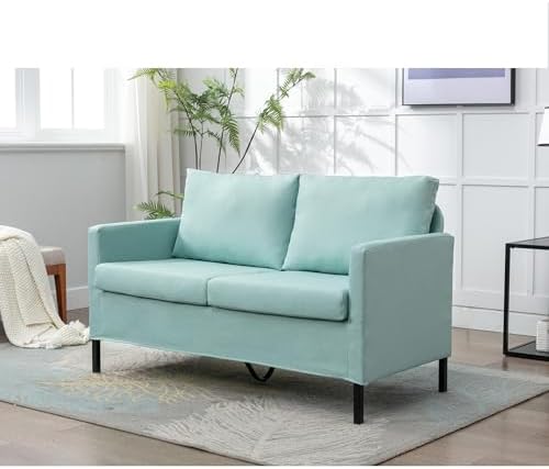 TYBOATLE 51" W Linen Fabric Upholstered Modern Loveseat Sofa Couch for Living Room, Love Seats 2-Seater Furniture w/Iron Legs for Compact Space, Apartment, Bedroom, Dorm, Office, Aqua Blue