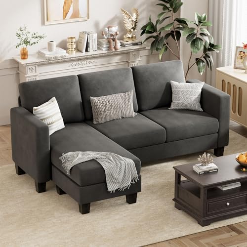 VICTONE Convertible Sectional Sofa Couch, 3 Seat L-Shaped Sofa with Linen Fabric, Movable Ottoman Small Couch for Small apartments, Living Room and Office (Dark Gray)