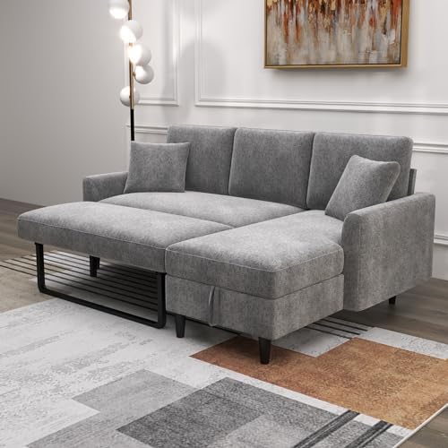 3 in 1 Convertible Sleeper Sofa Bed, Modern Soft Fabric 3 Seat Sofa Futon Couch Pullout Bed with Storage Chaise and Pillows, Small L-Shaped Sofa for Small Space, Living Room