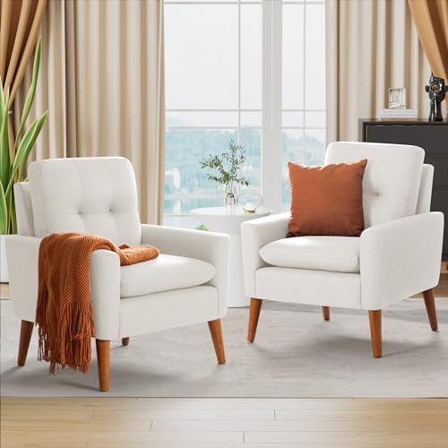 Shahoo Set of 2 Mid-Century Modern Fabric Accent Chair Upholstered Lounge Armchair with Solid Wood Frame & Soft Cushion for Living Room, Bedroom, Belcony, Beige