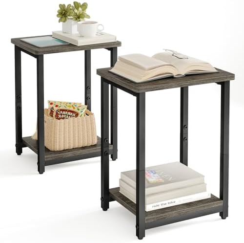 Fixwal Side Tables Set of 2, 2-Tier Small End Table Sofa Table Nightstand Bedside Table for Living Room, Bedroom, Office, Grey and Black