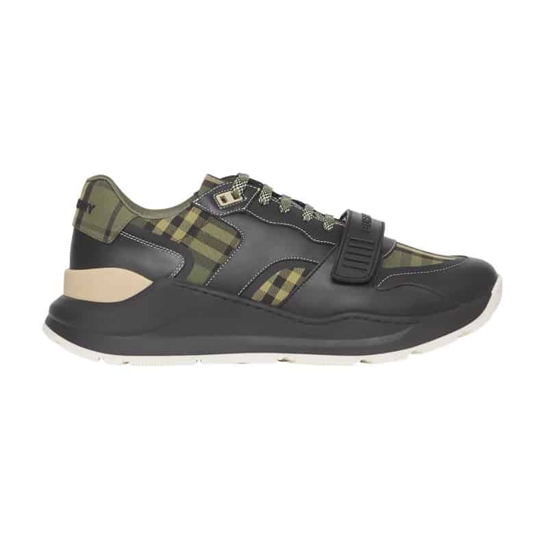 BURBERRY CHECK LACE-UP SNEAKERS IN MILITARY GREEN – BBR092
